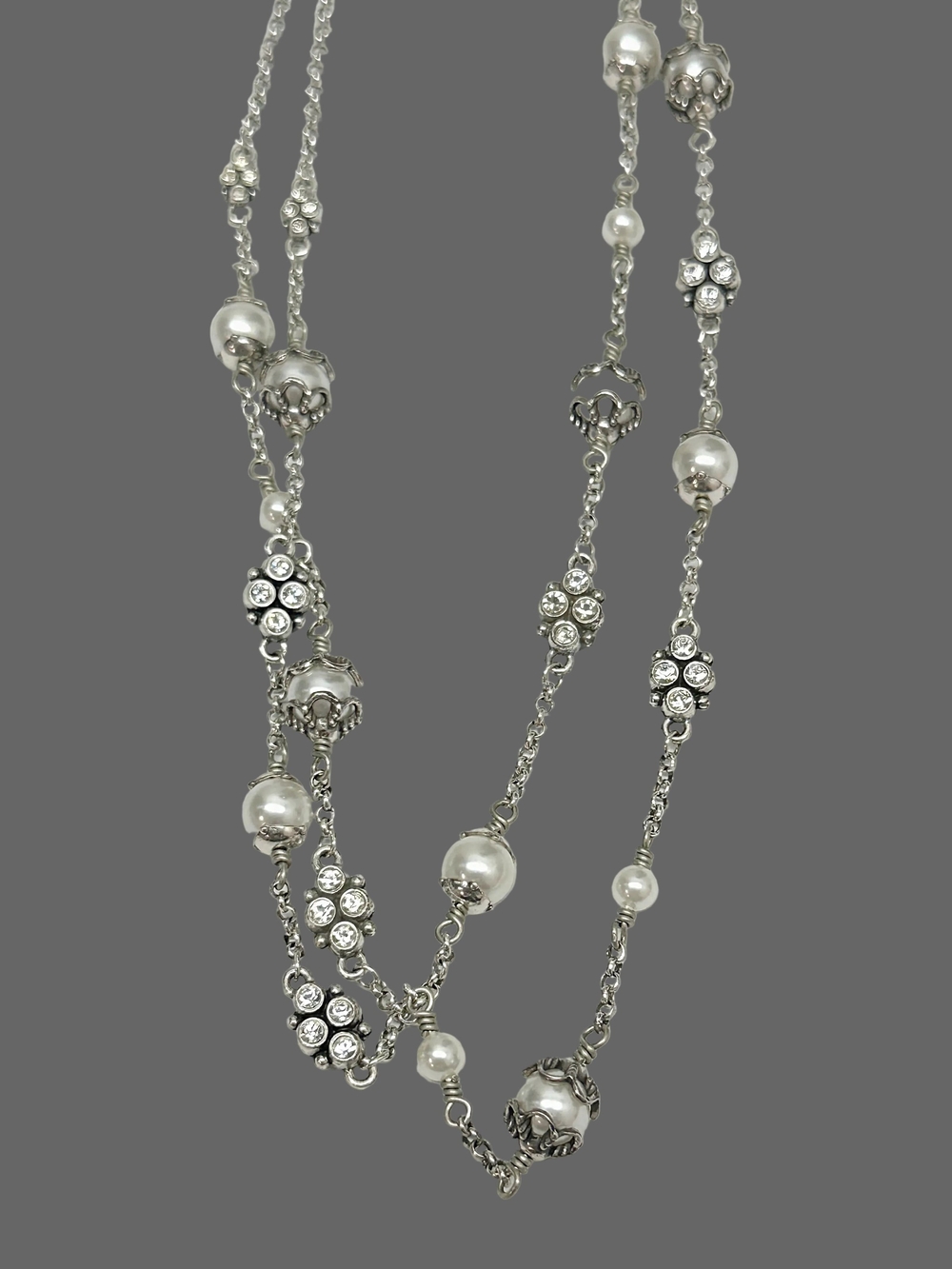 Retired Brighton ATMA Pearl Bead Crystal Silver Tone Double Strand Necklace
